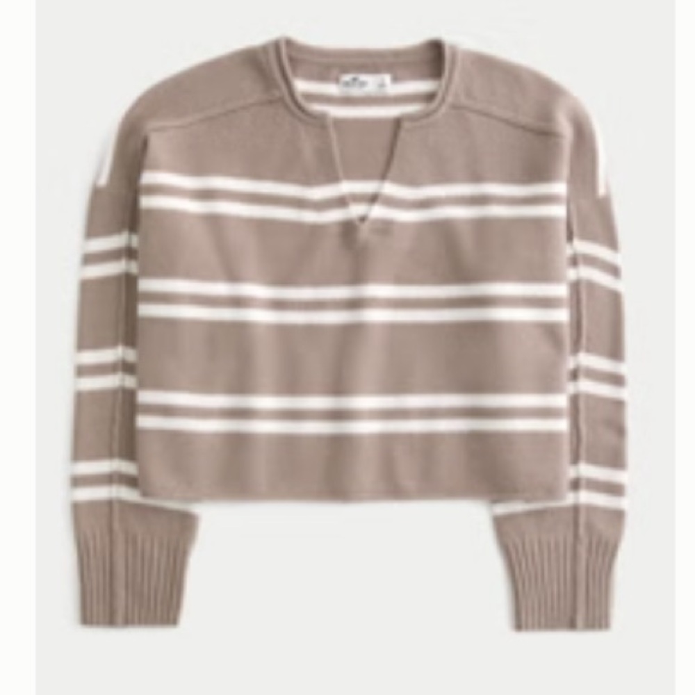 Hollister Cropped Notch Neck Striped Sweater Size Medium Tan and White
